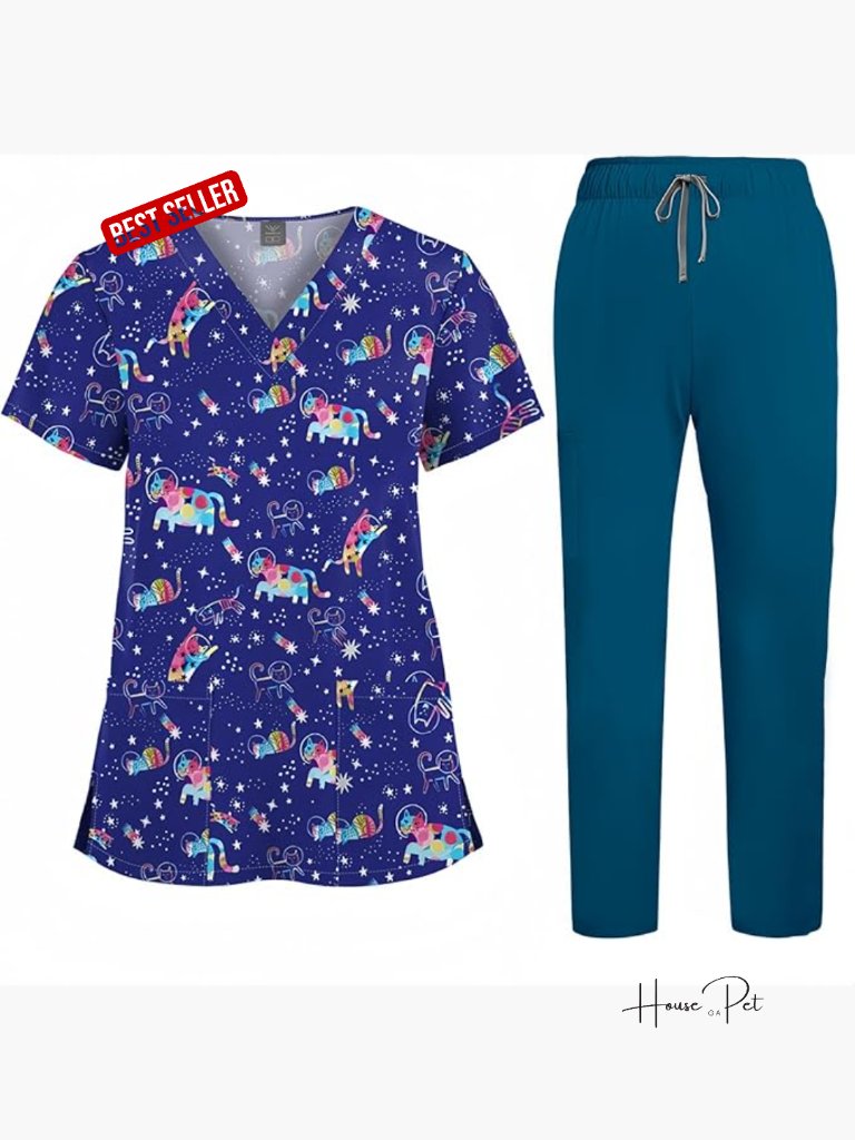 Printed V-Neck Stretch Scrubs Set For Women Nurse Uniform